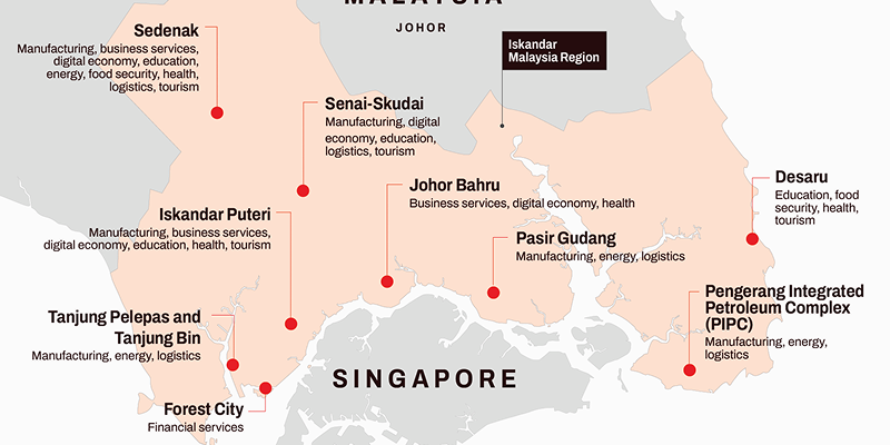 Map of Iskandar Malaysia regions highlighting JS-SEZ investment hubs. (Source: Enterprise SG)