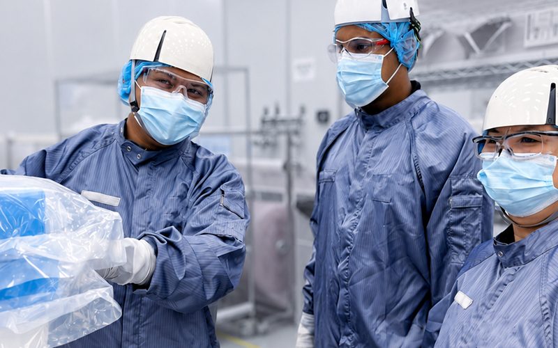 Cleanroom-workers-handling-sensitive-semiconductor-logistics-equipment